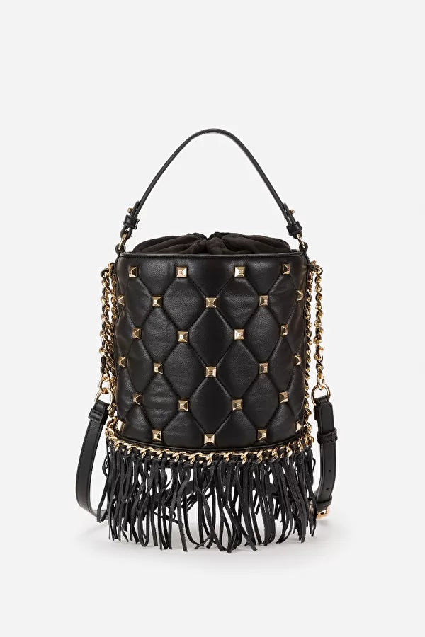 Black Quilted bucket bag with fringes and studs