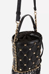 Black Quilted bucket bag with fringes and studs