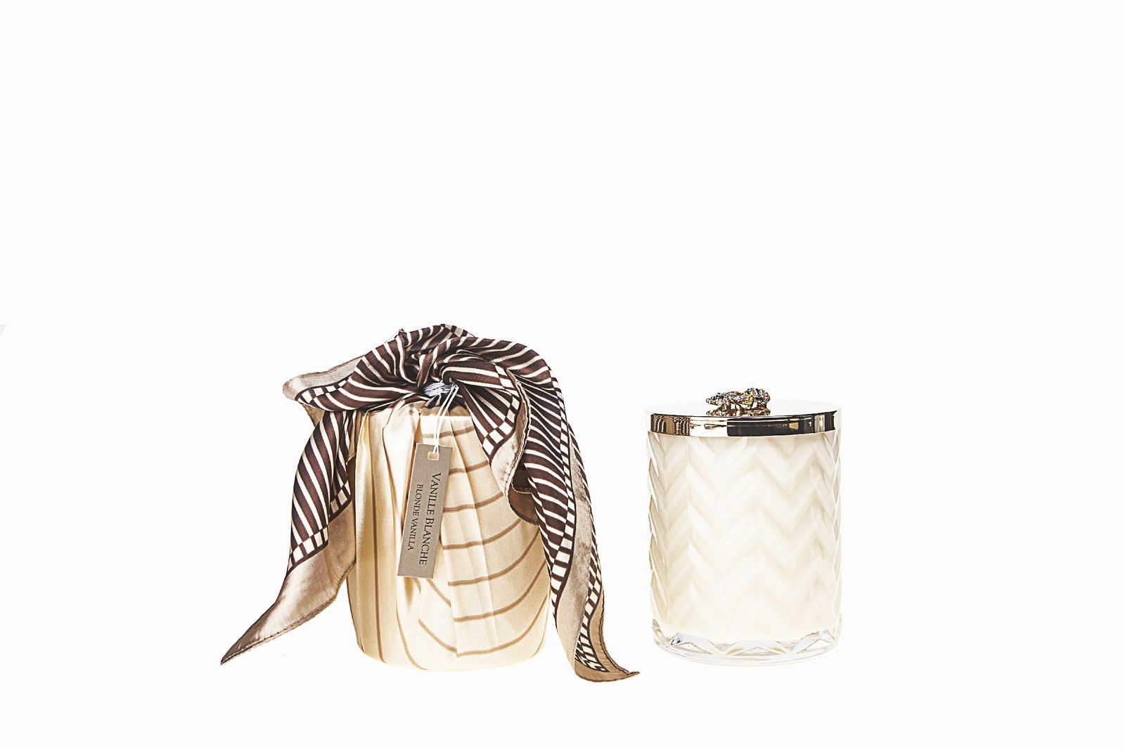 Ivory Herringbone Candle with silk scarf and Bee lid