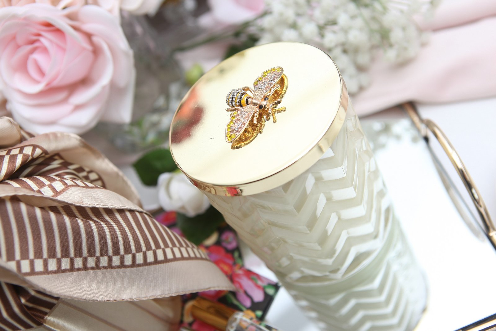 Ivory Herringbone Candle with silk scarf and Bee lid
