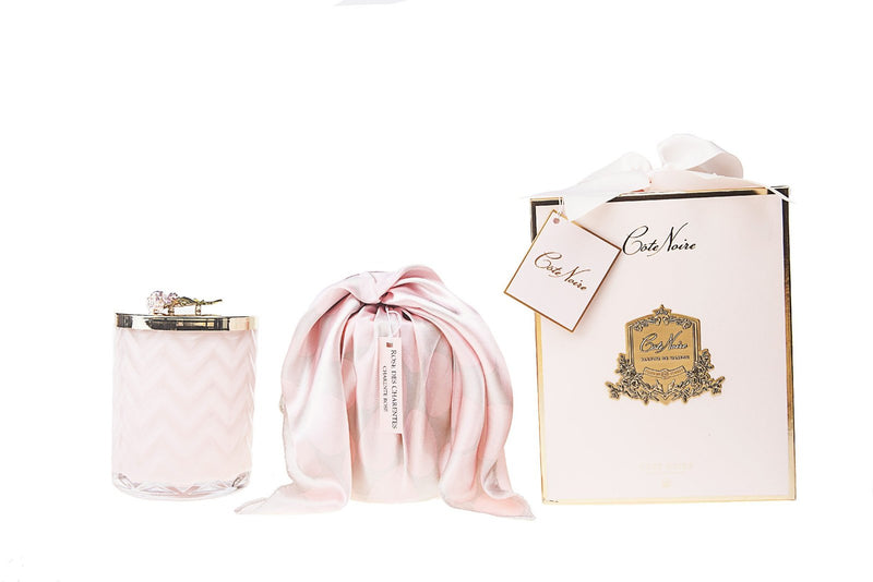 Pink Herringbone Candle with silk scarf and Pink Rose lid