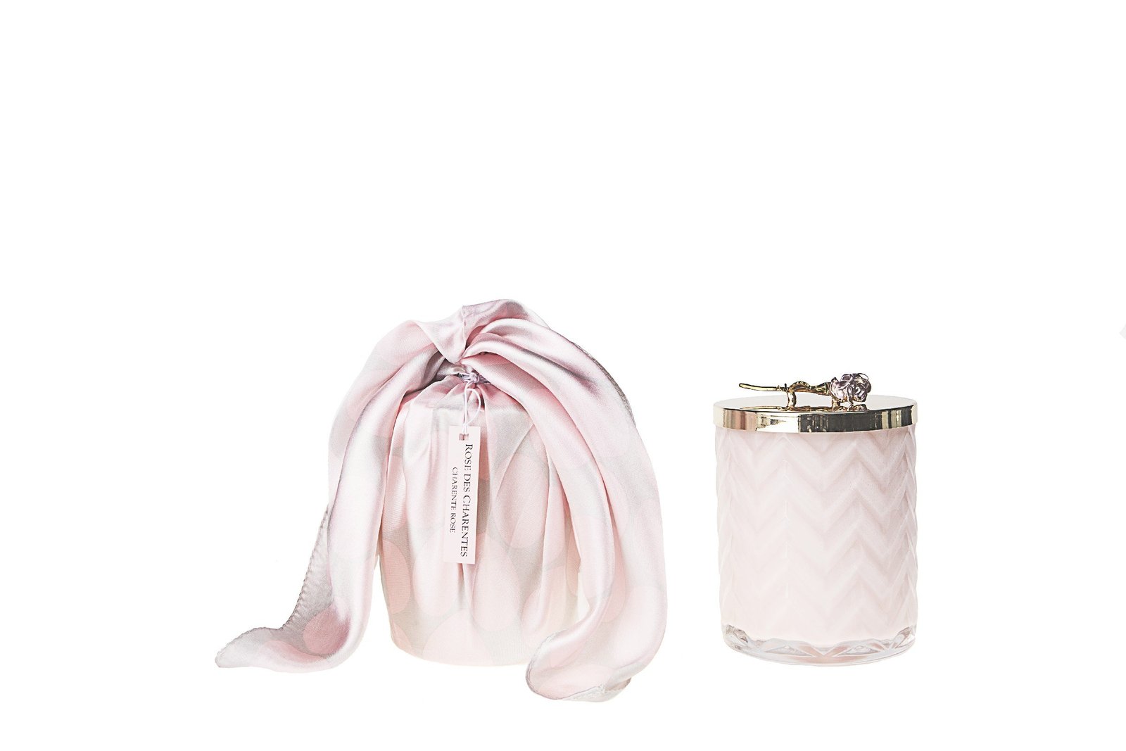 Pink Herringbone Candle with silk scarf and Pink Rose lid