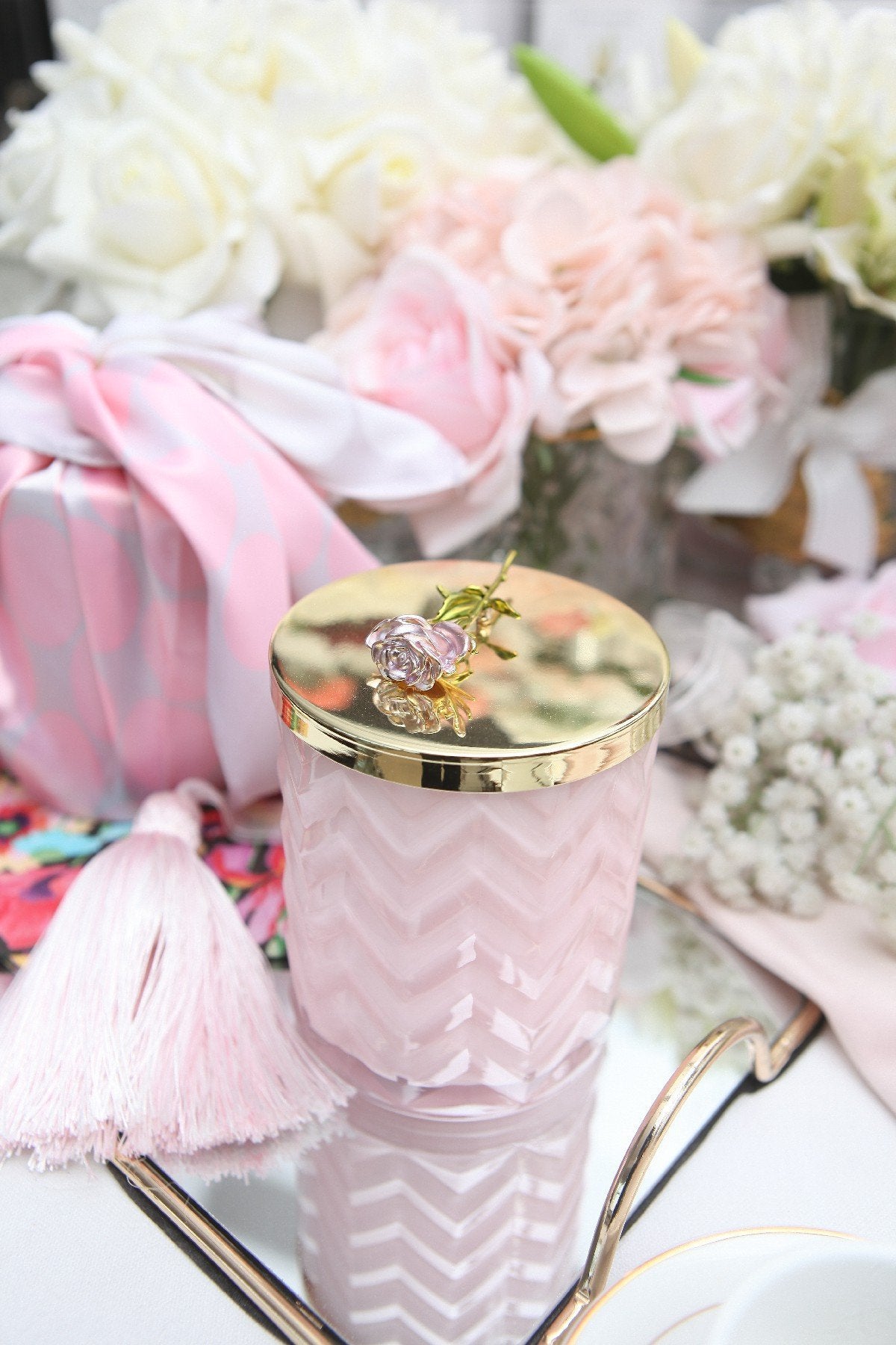 Pink Herringbone Candle with silk scarf and Pink Rose lid