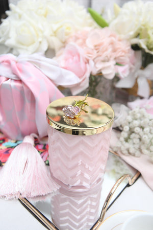Pink Herringbone Candle with silk scarf and Pink Rose lid