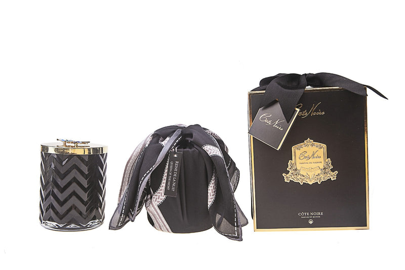 Black Herringbone Candle with Silk Scarf and  Bee on the lid