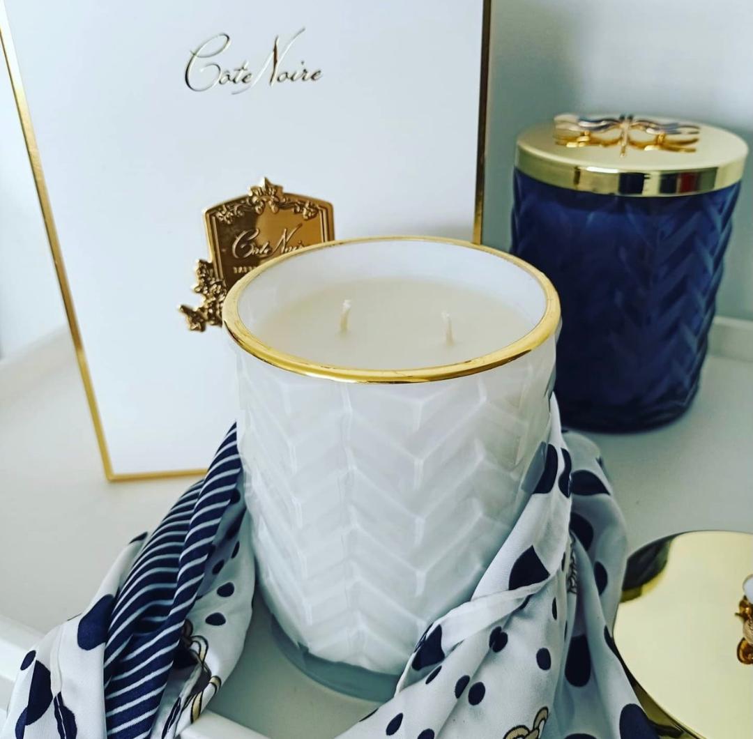 White Herringbone Candle with silk scarf