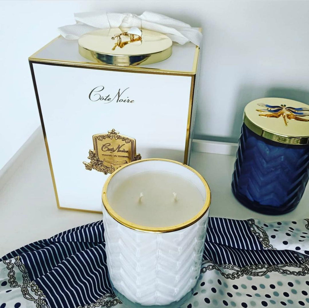 White Herringbone Candle with silk scarf