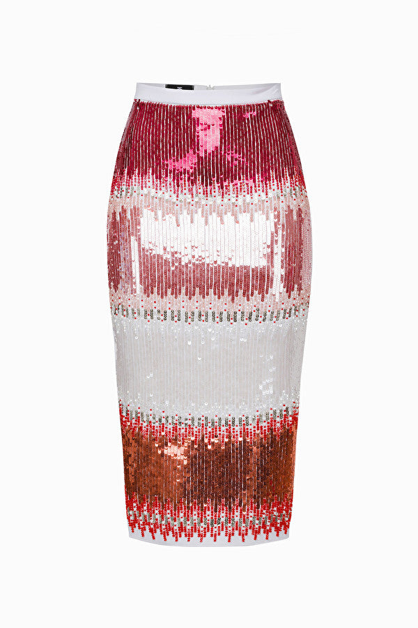 White Pink Embroidered Pencil Skirt