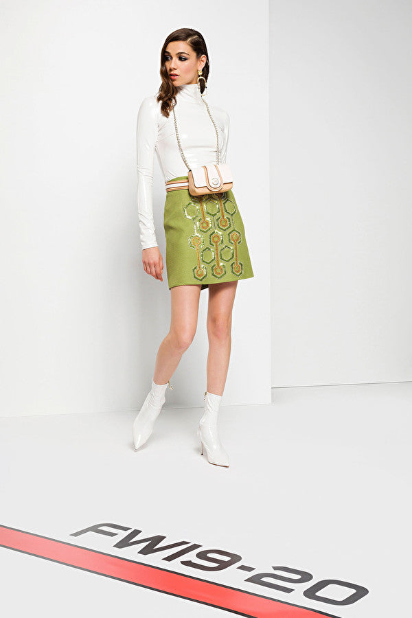 Green Embroidered Mini Skirt