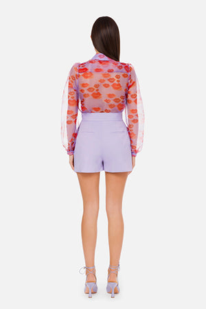 Lilac Lips print organza Blouse with a bow