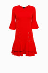 Red Knit Dress with Flared Skirt and 3/4 Sleeves
