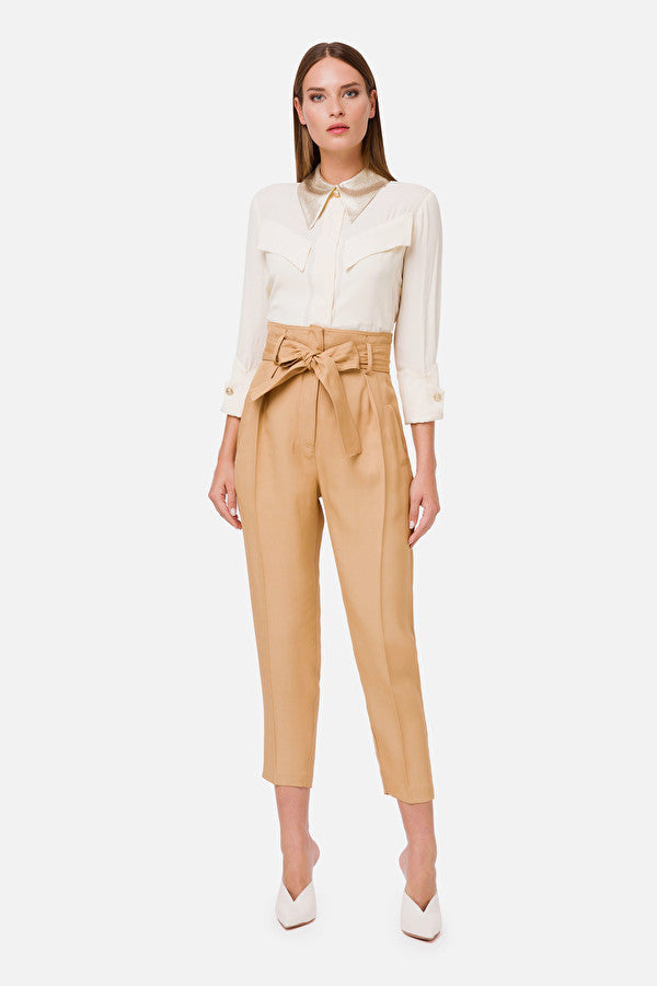 Ivory Crepe Blouse with Gold  Lame Collar
