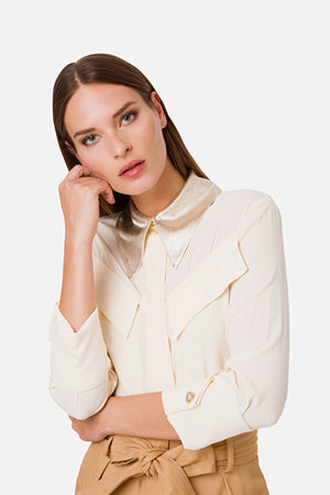 Ivory Crepe Blouse with Gold  Lame Collar