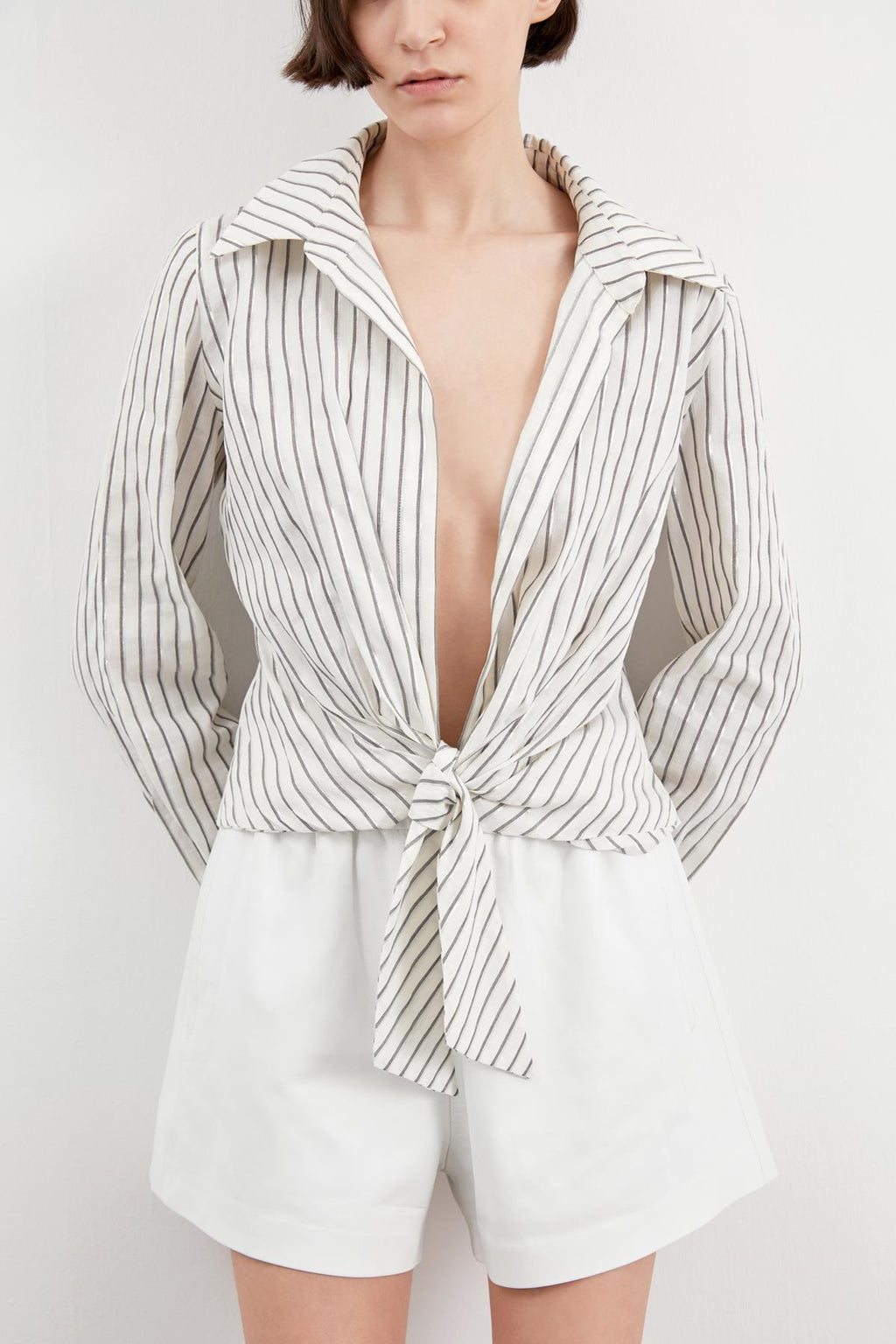 Ivory silver striped linen knotted Jenny shirt