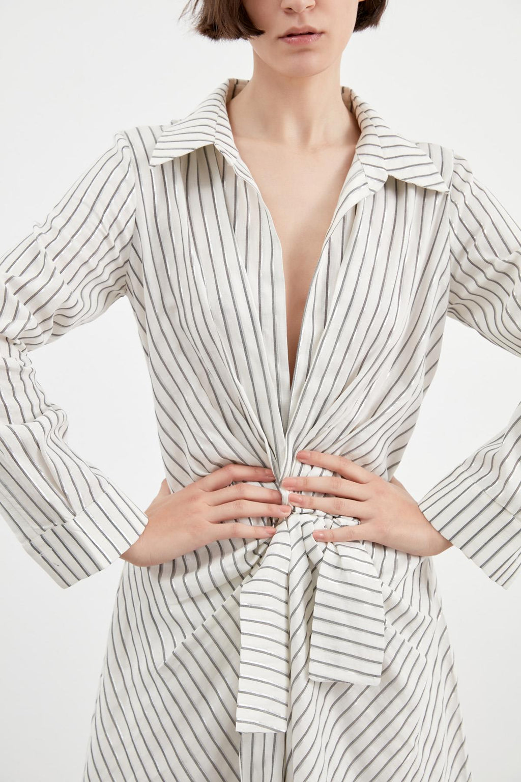 Ivory silver stripe knotted linen maxi Dress