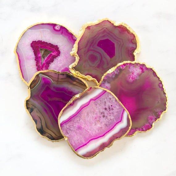 Magenta natural Agate slice coasters with gold edge