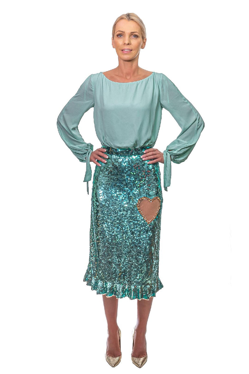 Aquamarine Sequin Midi Skirt with Heart