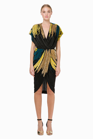 Embroidered cocktail dress in black and gold that wraps around 