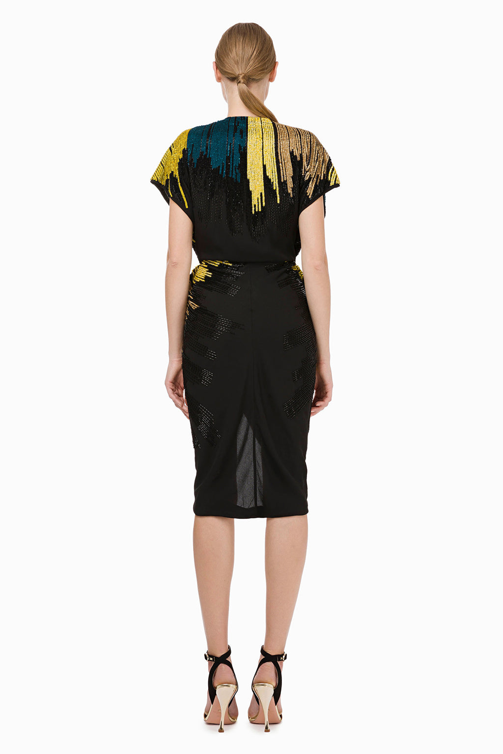 Black Gold Embroidered Wraparound Cocktail Dress