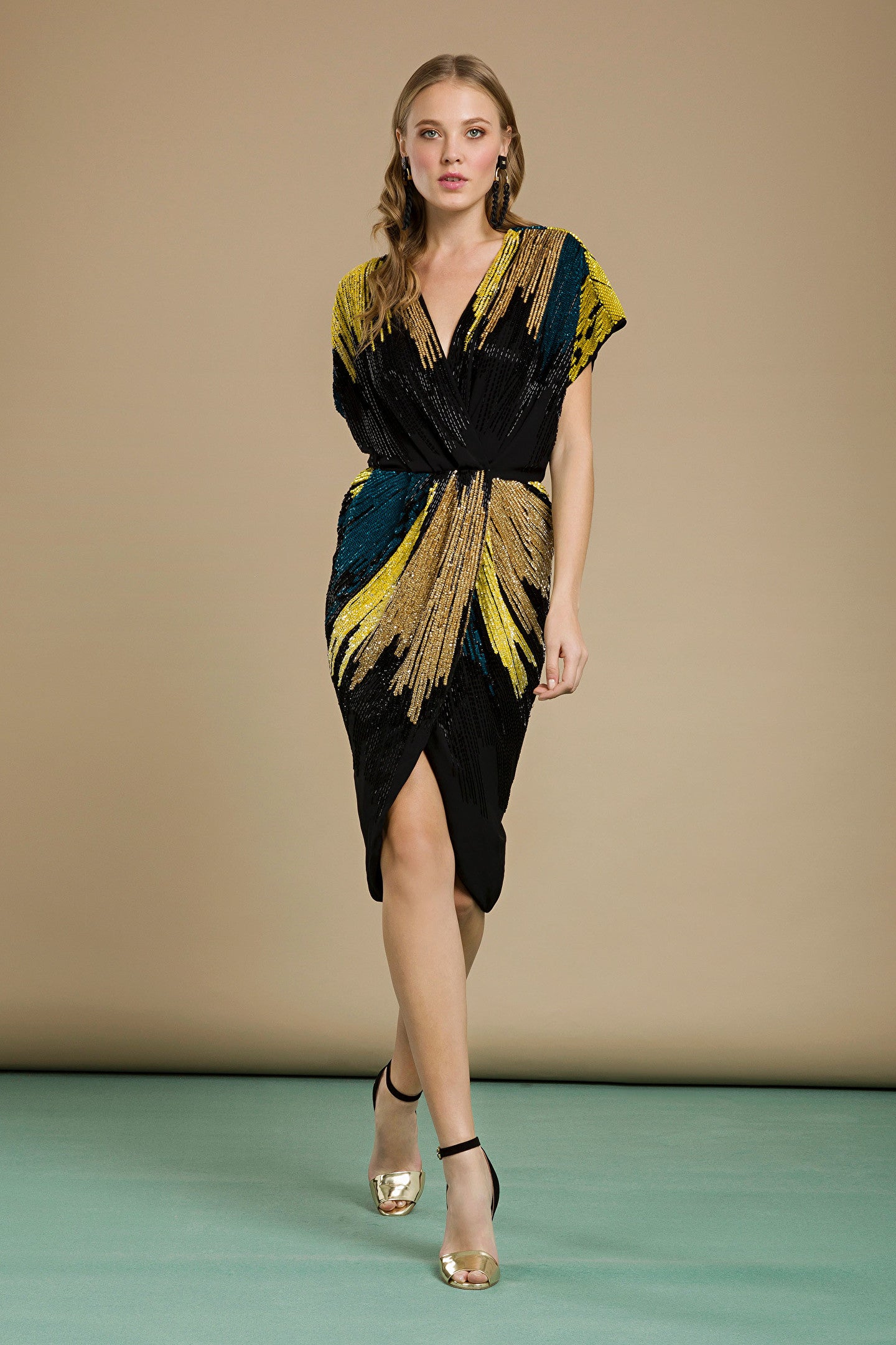 Black Gold Embroidered Wraparound Cocktail Dress
