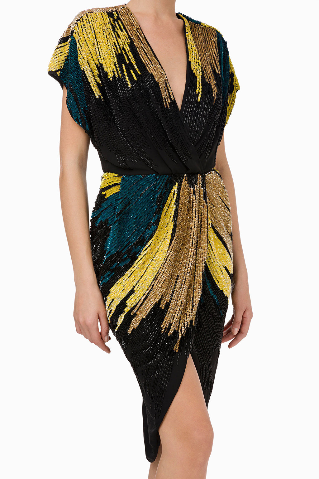 Black Gold Embroidered Wraparound Cocktail Dress