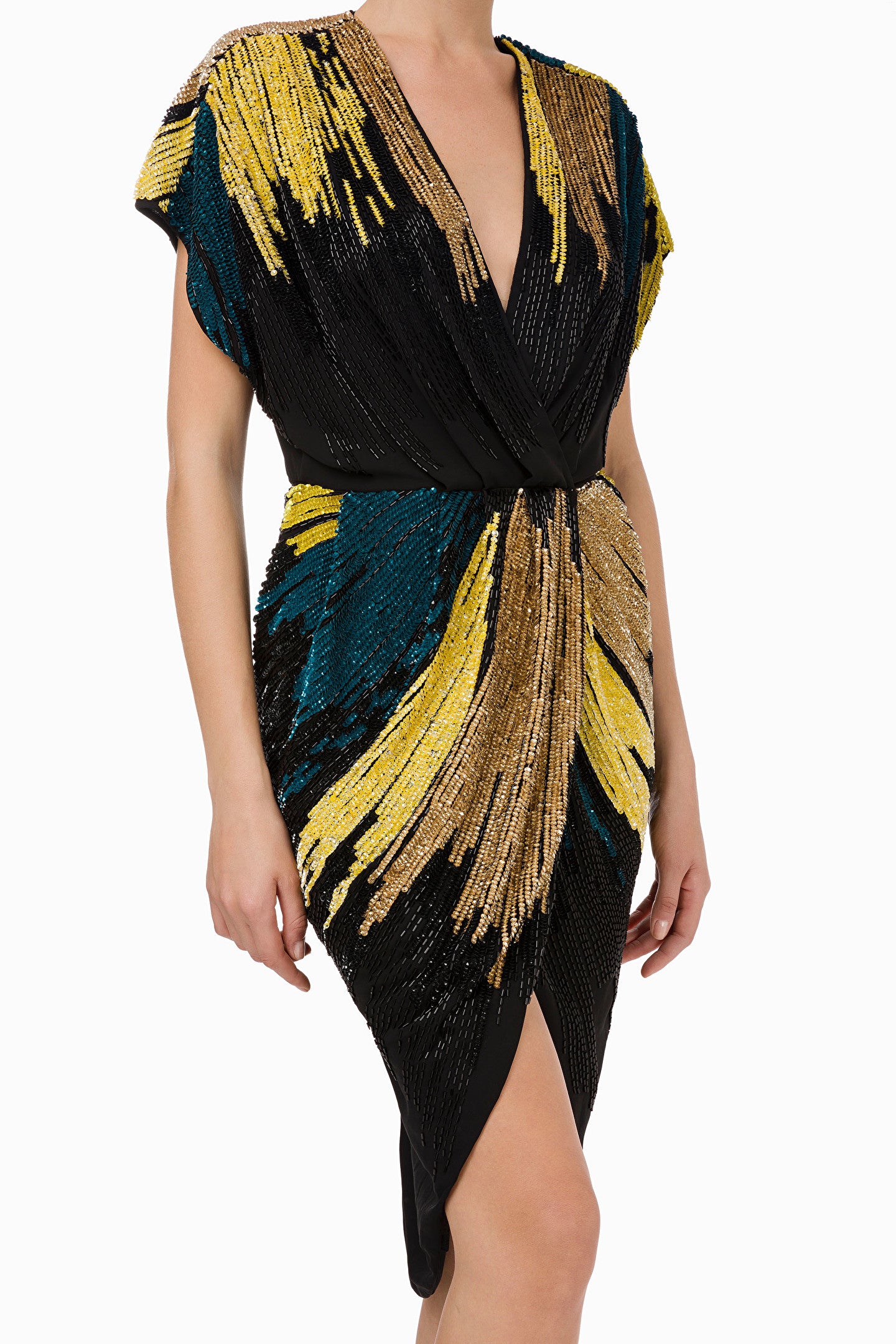 Black Gold Embroidered Wraparound Cocktail Dress